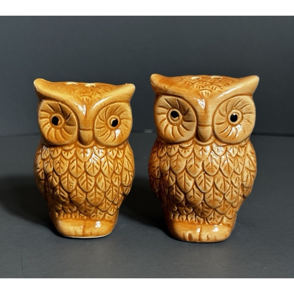 Vintage Style Brown Ceramic Owl Salt and Pepper Shakers Set Glazed Woodland 3in